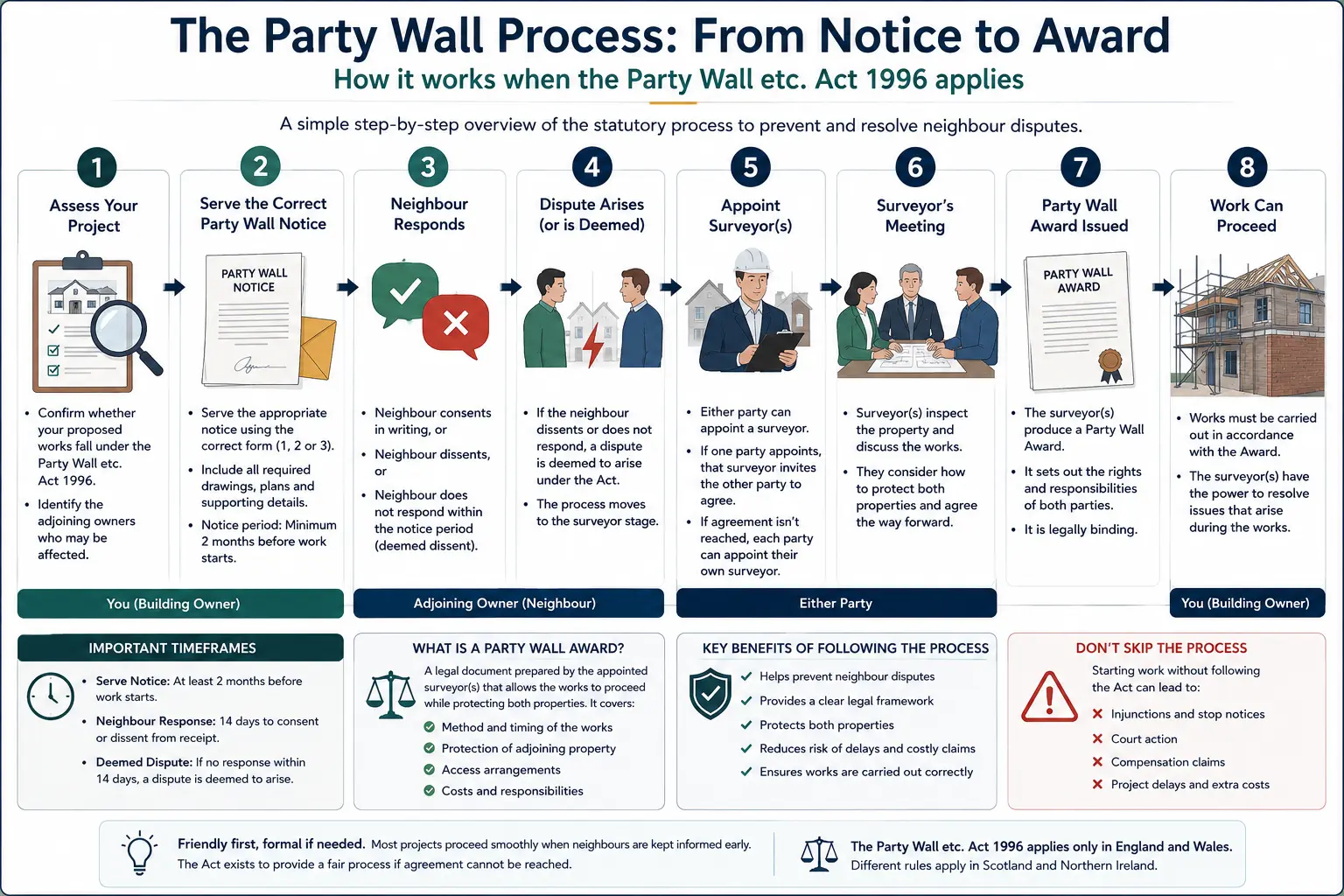 Do I Need a Party Wall Agreement? An infographic showing the party wall process from notice to award in a very interactive way for the citizens living in Poole, UK