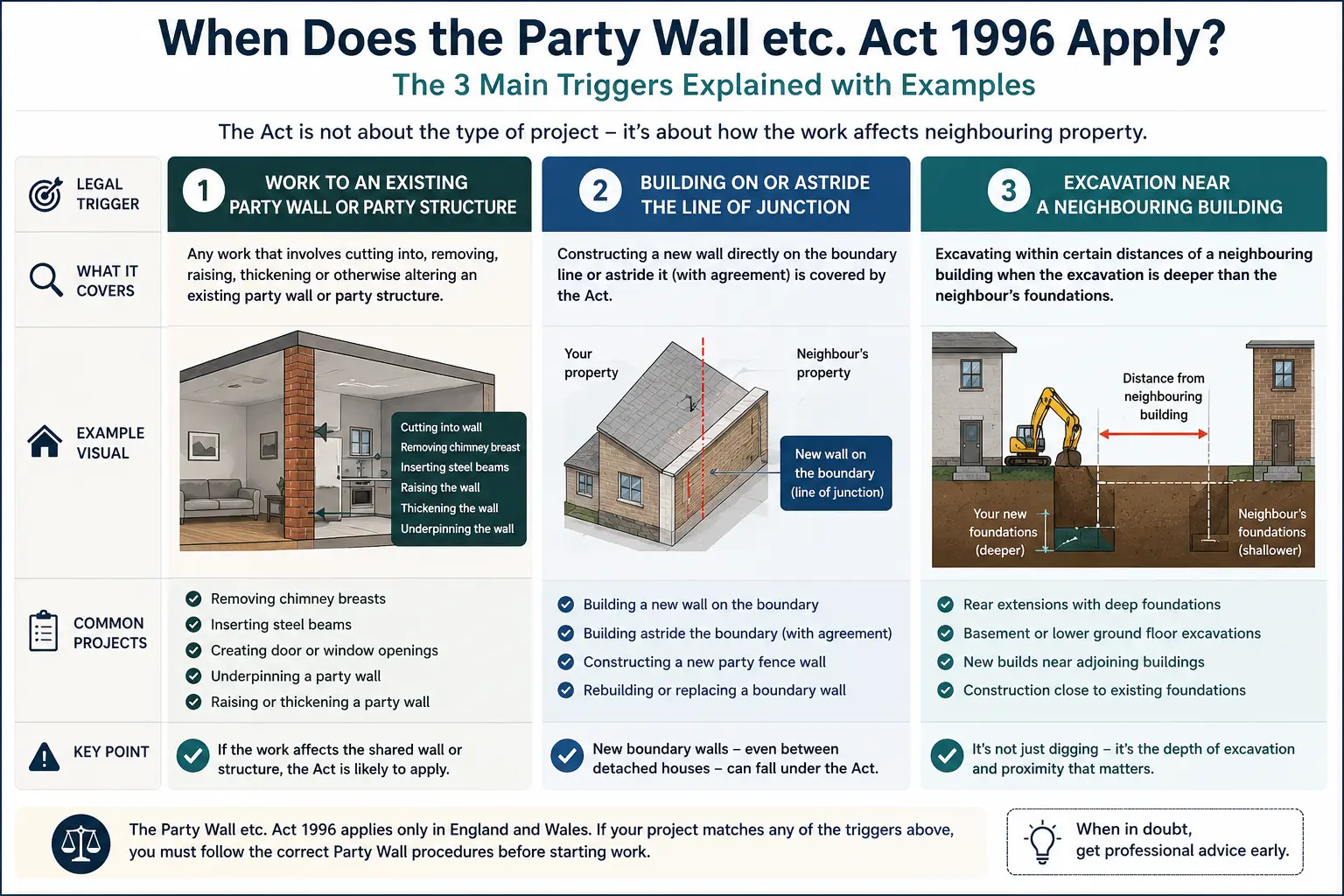 Do I Need a Party Wall Agreement? An infographic showing when does the party wall etc act 1996 apply like excavation, junction, painting, in Poole, UK